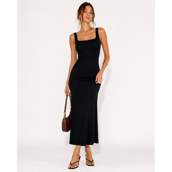 nine britton Dresses & Skirts - Nine Britton Black Ribbed Square Neck Twist Back Cutout Midi Dress Medium NWT